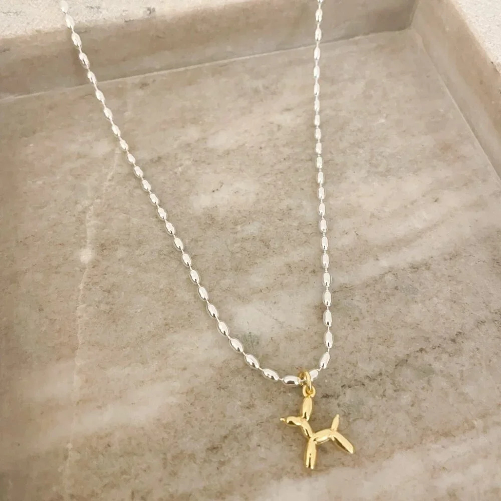 925 Sterling Silver Dainty Bead Necklace Balloon Dog Necklace - Picture 3 of 8